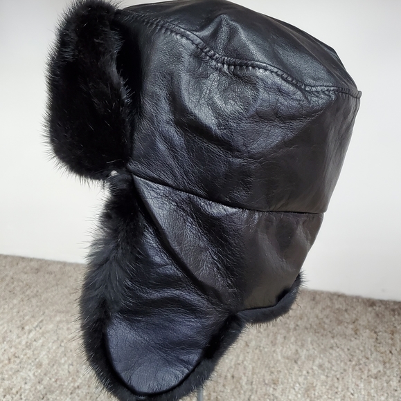 Black Mink Fur and Leather Trooper Hat - Picture 5 of 6